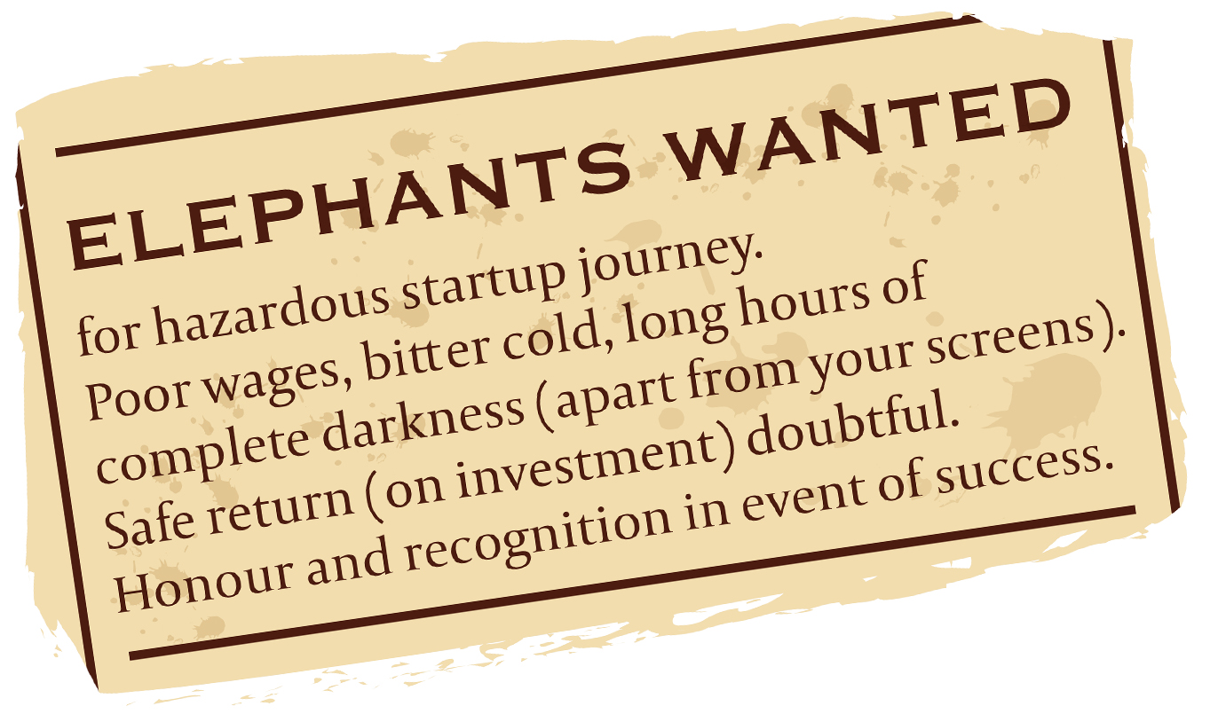 Illustration of old newspaper clipping reading 'HEROES WANTED for hazardous startup journey. Poor wages, bitter cold, long hours of complete darkness (apart from your screens). Safe return (on investment) doubtful. Honour and recognition in event of success.'