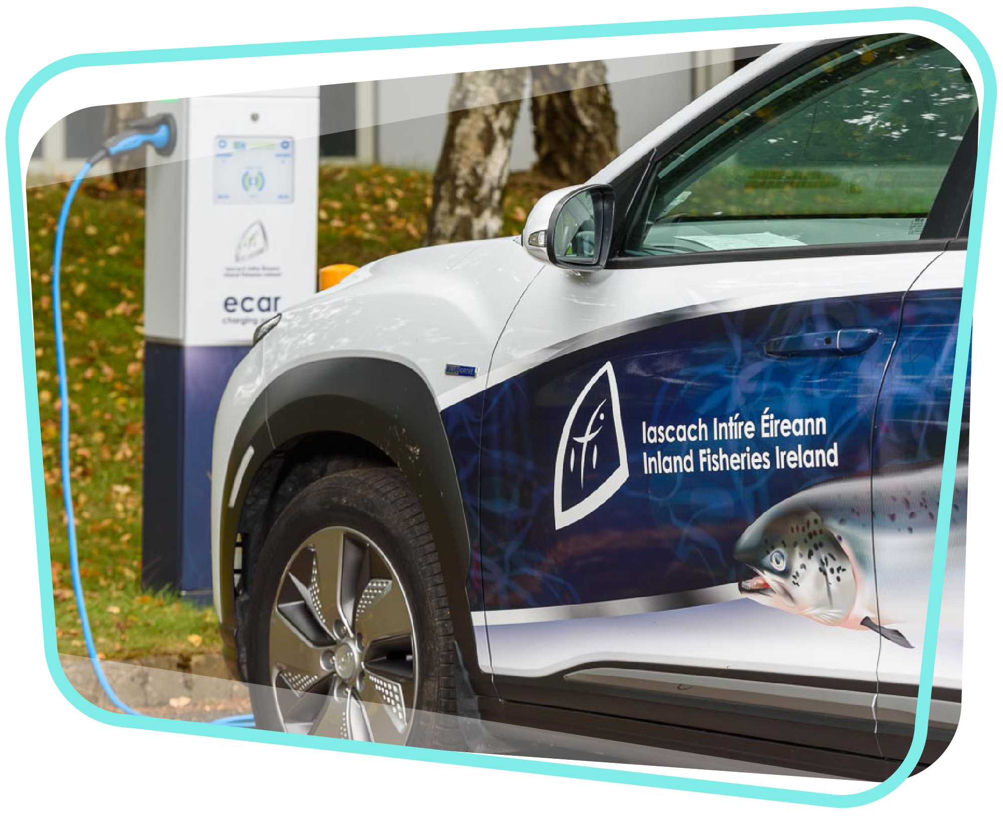 Electric vehicle from Inland Fisheries Ireland's fleet being charged