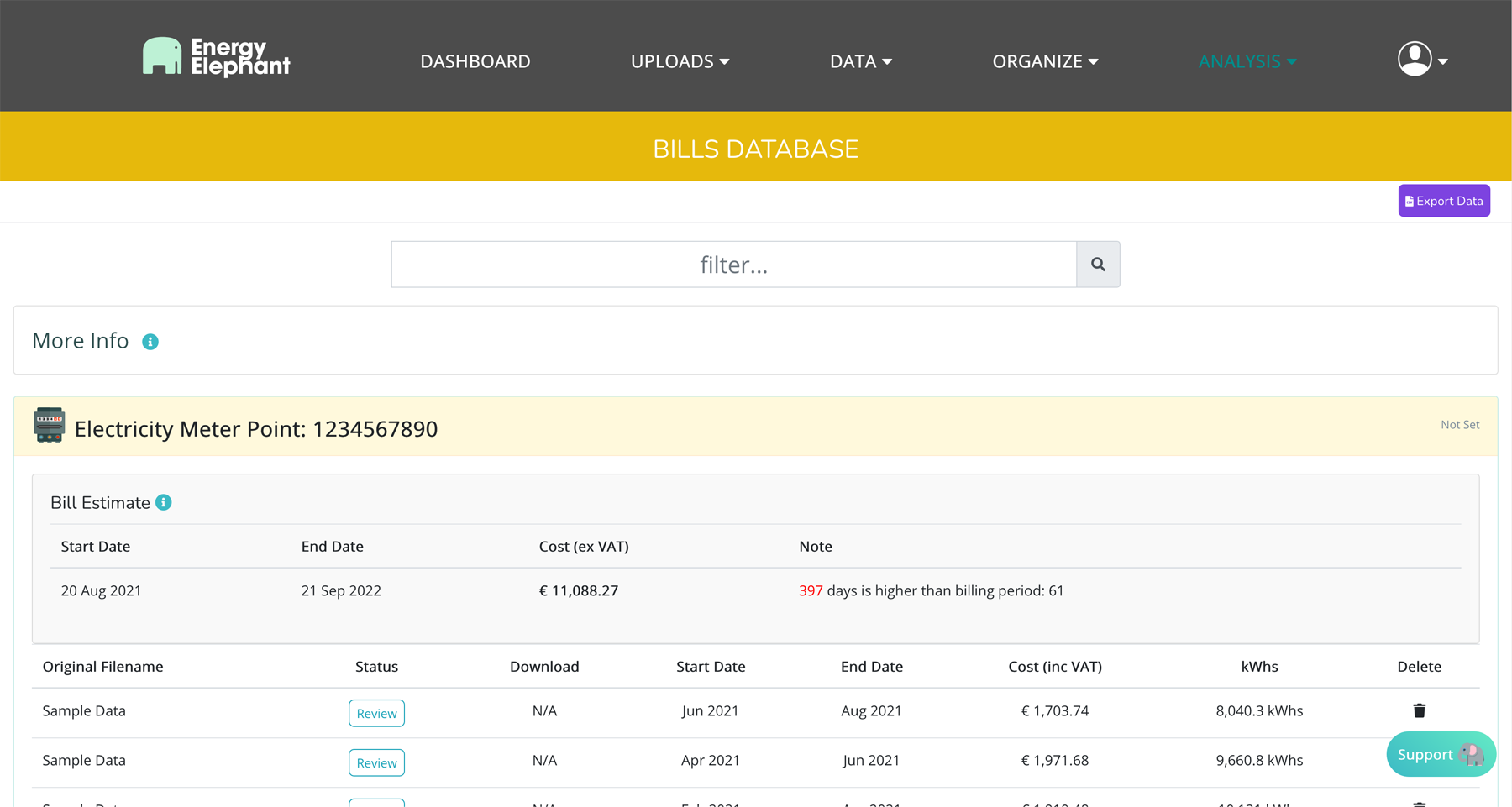 Screenshot of EnergyElephant bill management system