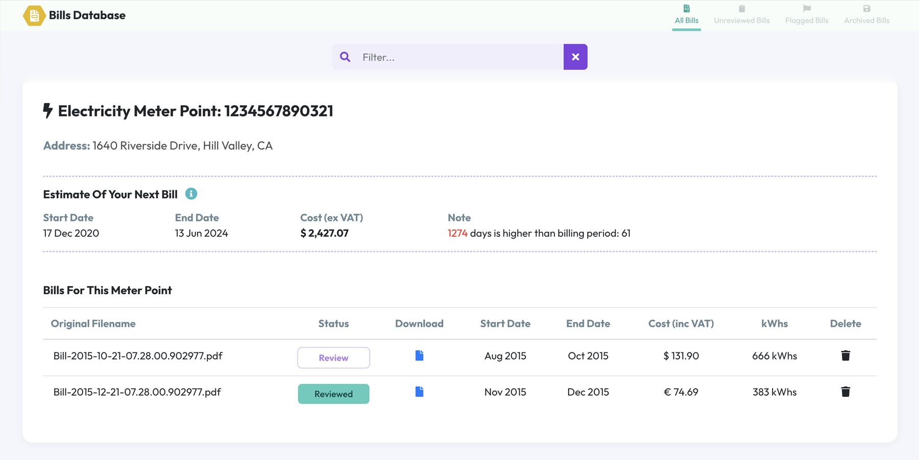 Screenshot of EnergyElephant bill management system