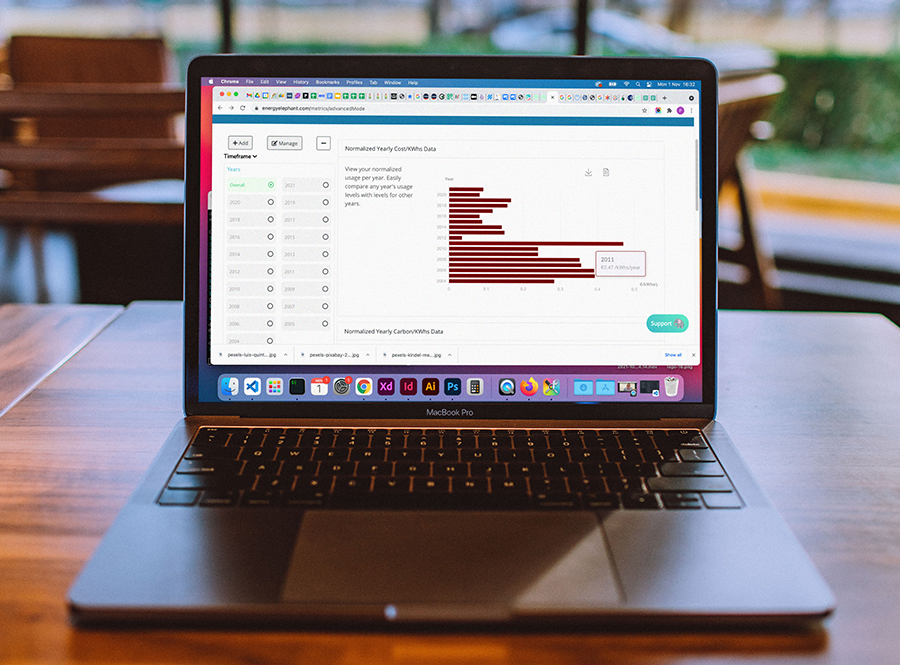 Laptop showing visualisation of normalized cost data on EnergyElephant platform