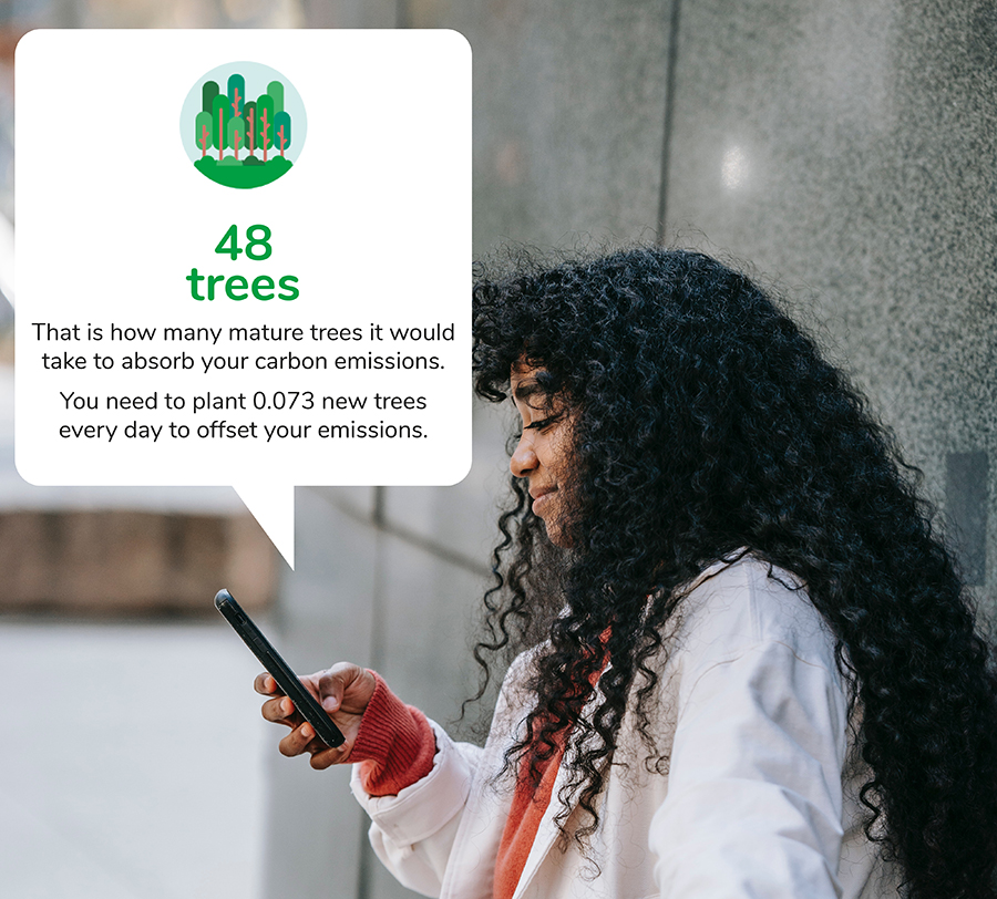 A woman holding a smartphone with an information bubble above it describing the carbon offset benefits of tree planting