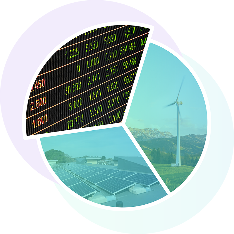 Pie chart shaped illustration with segments showing a software engineer at work, wind power and solar panels
