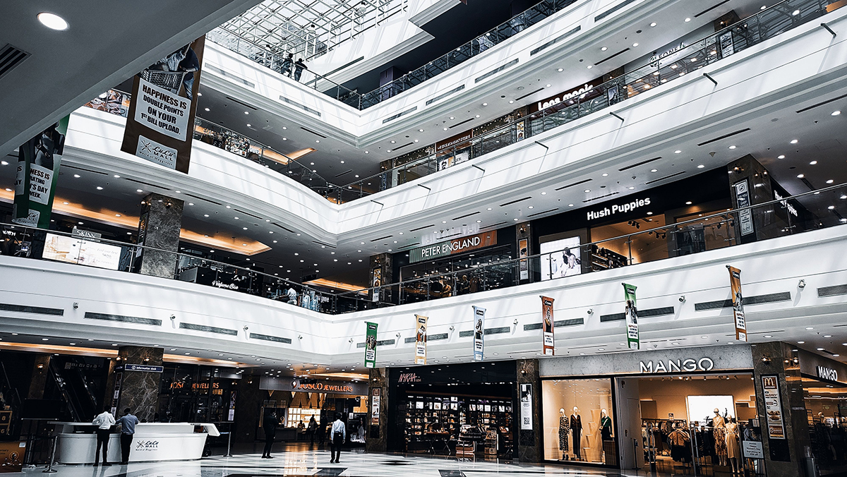 Modern, multistorey shopping centre.