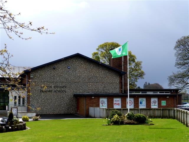 School with environmental Gree Flag flying outside.
